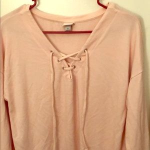 Long sleve lace up slouchy shoulder tee